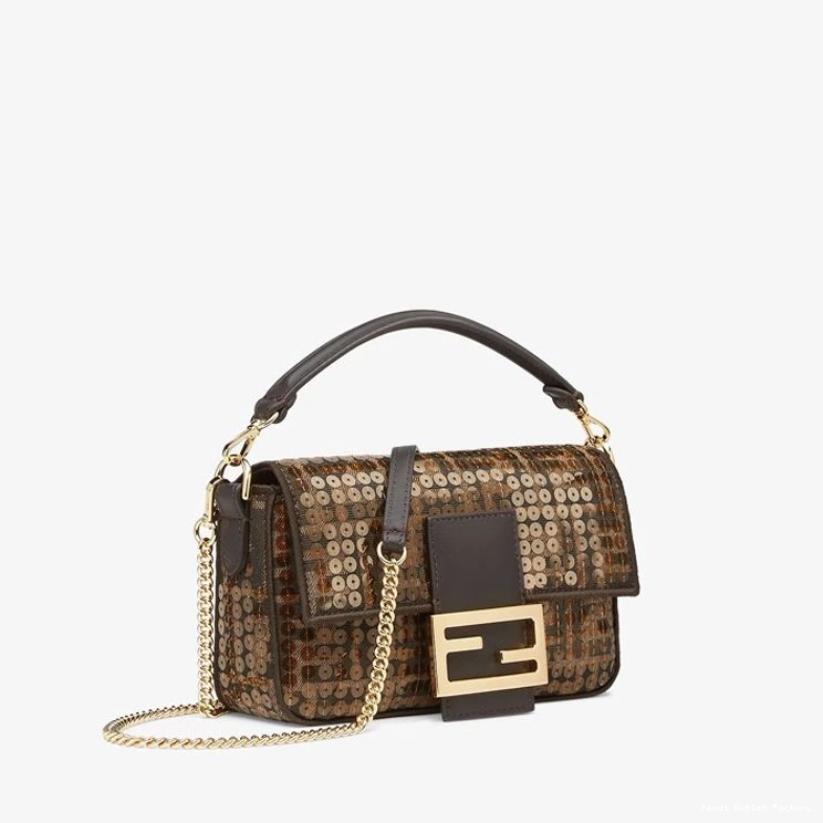 Vintage HOT with In Fendi Bag Motif Brown Mini Baguette Sequins FF Fabric 0806